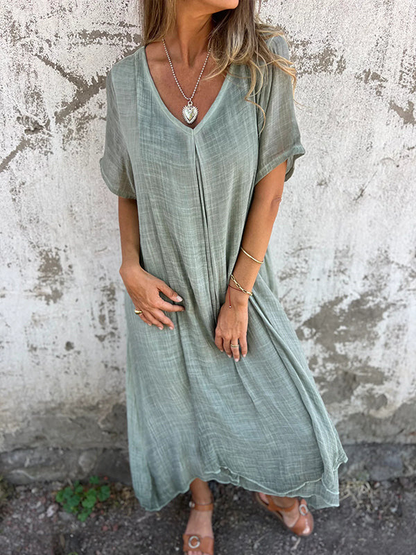 Damen Freizeit-Midikleid mit V-Ausschnitt und weiten Glockenärmeln, Größe