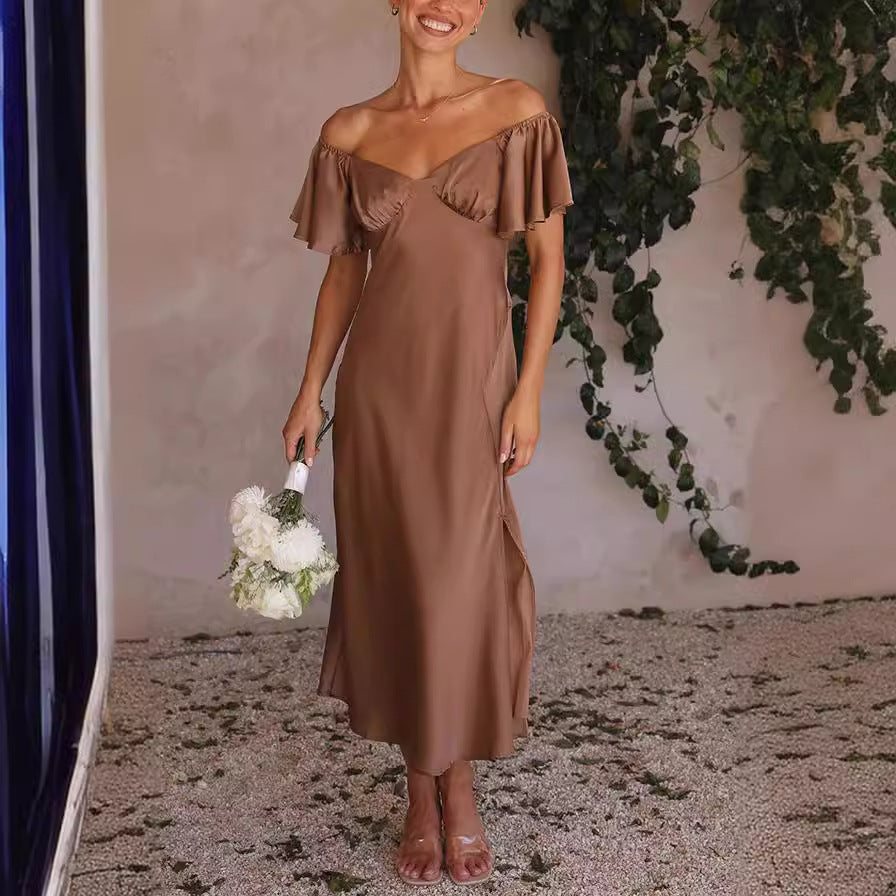 Women's off-the-shoulder midi dress with voluminous sleeves and elegant accents, size Valenzora