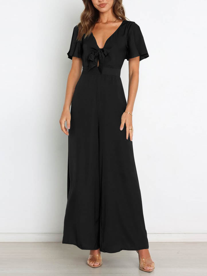 Valenzora | Short-sleeved wide-leg casual V-neck jumpsuit