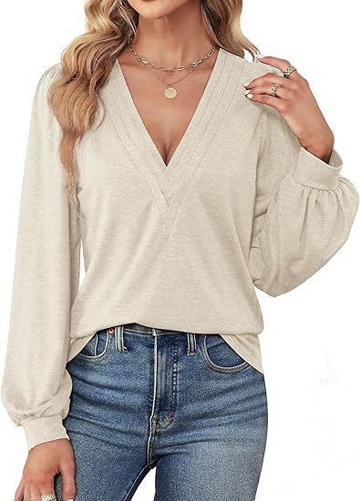 Bequemes Damen-Shirt mit V-Ausschnitt und langen Ärmeln, Größe