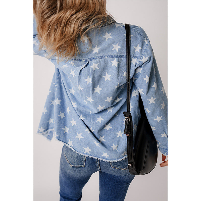 Women's denim shirt with star pattern and practical chest pocket, size
