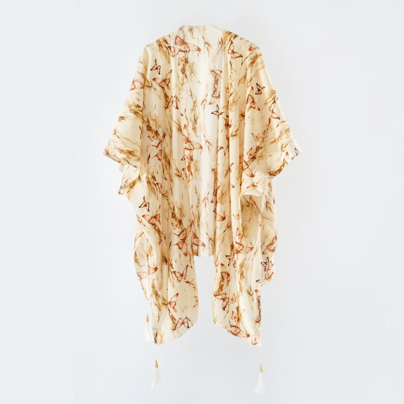Women's elegant kimono with an artistic floral pattern and fringed edges, size Valenzora