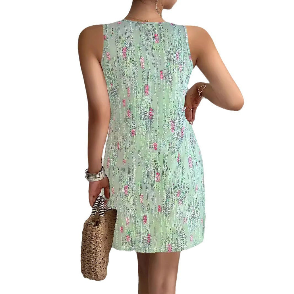 Women's Sleeveless Blouse Dress with Floral Design and Fashionable Button Details Drune