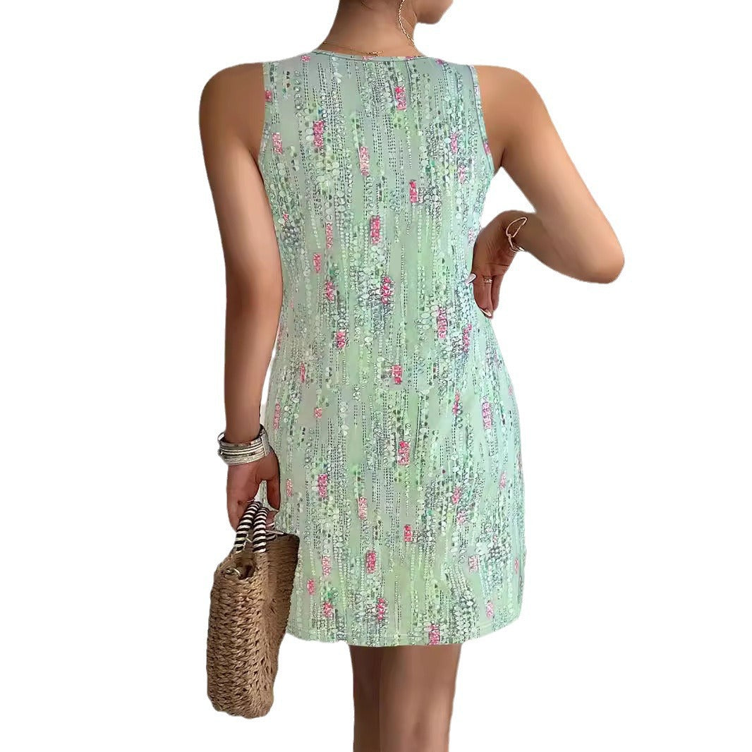 Women's Sleeveless Blouse Dress with Floral Design and Fashionable Button Details Drune