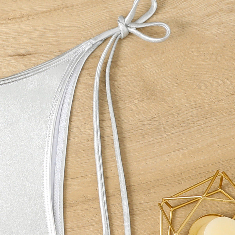 Women's triangle bikini with sparkling metallic finish and adjustable straps, size [size]
