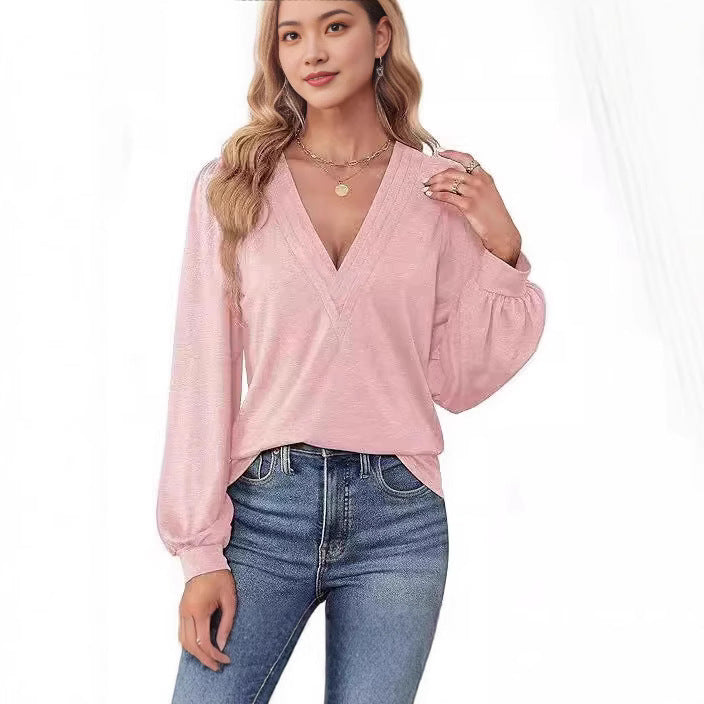 Bequemes Damen-Shirt mit V-Ausschnitt und langen Ärmeln, Größe
