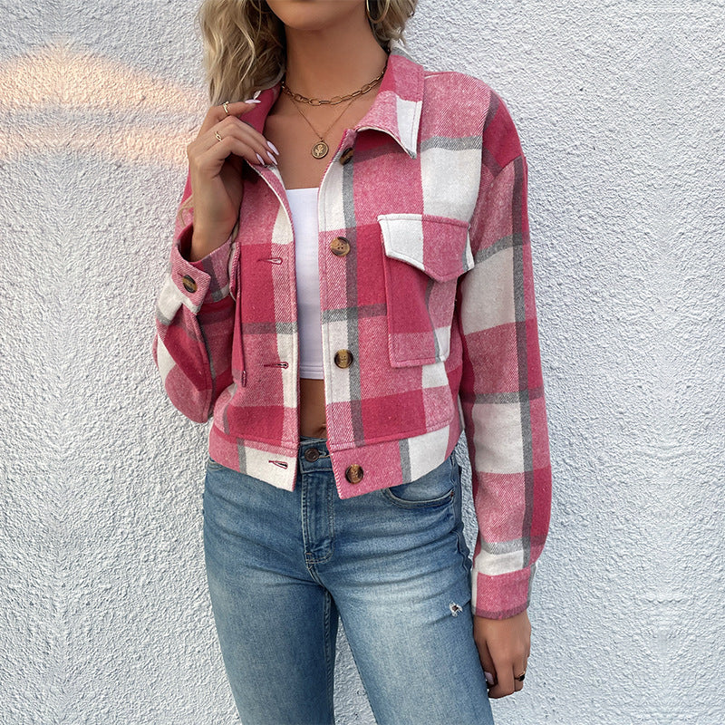 Women's checked blouson jacket with decorative buttons and chest pockets, size