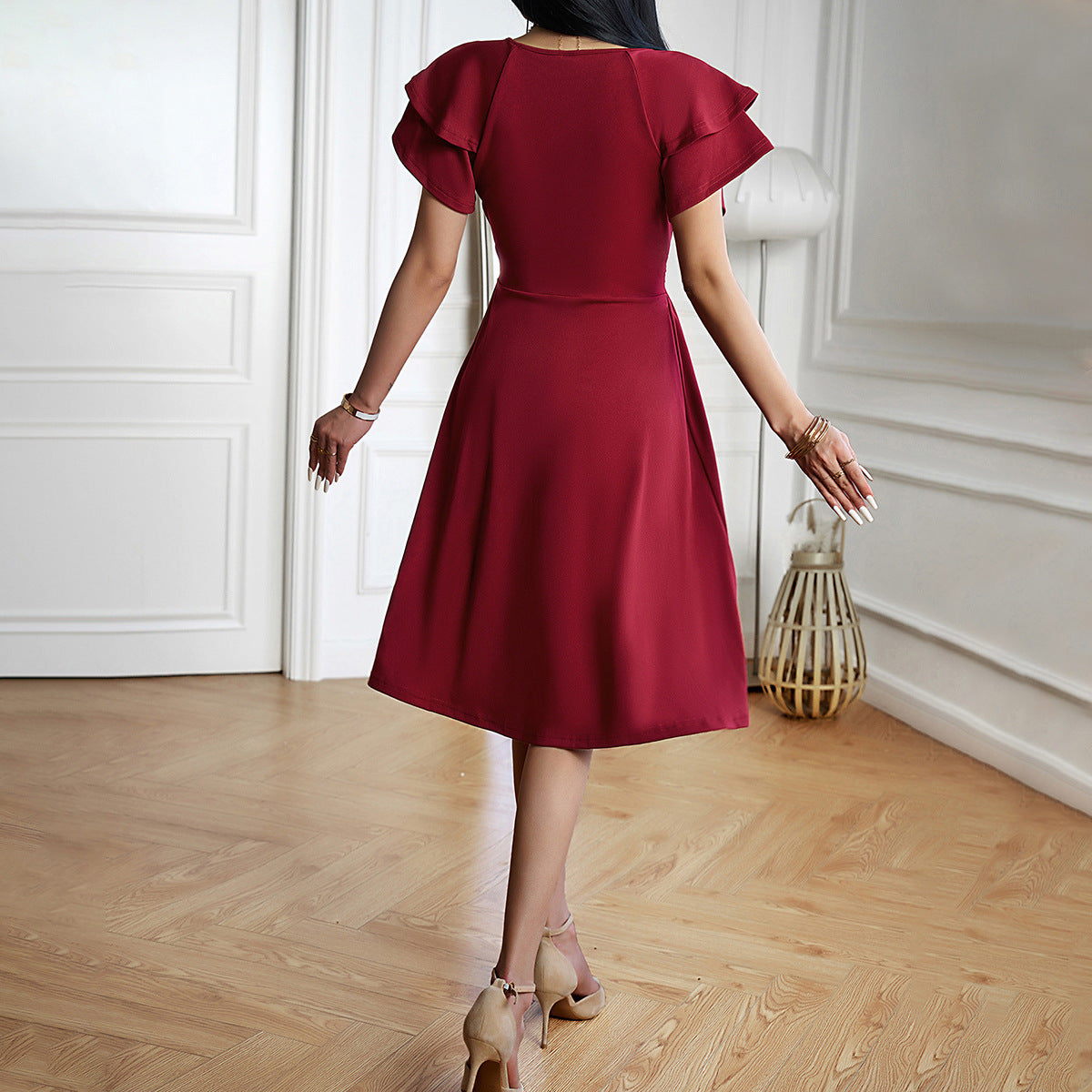 Valenzora | V-neck Solid Color Short Sleeve Dress for Women