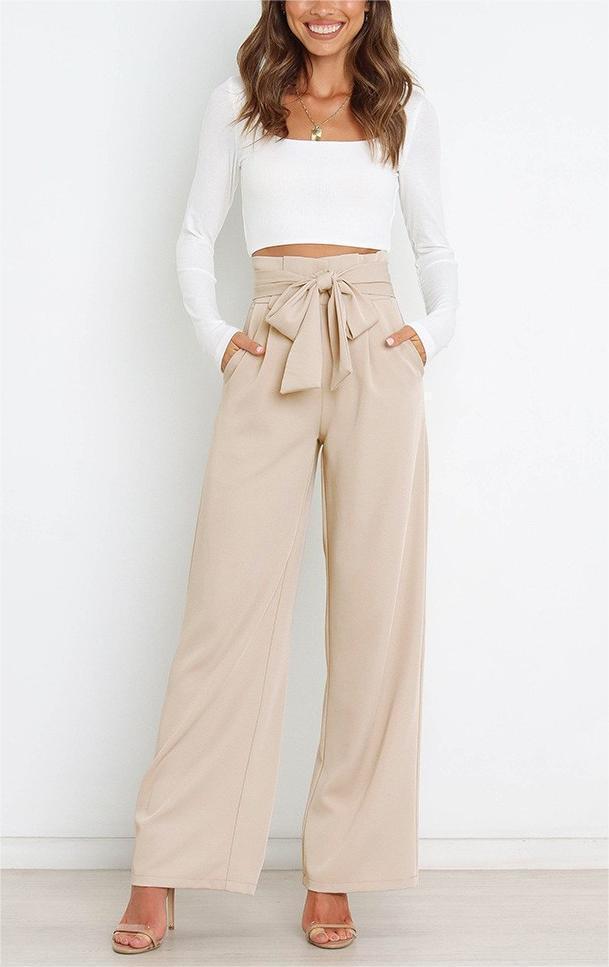 Women's elegant wide-leg trousers with waist belt, size