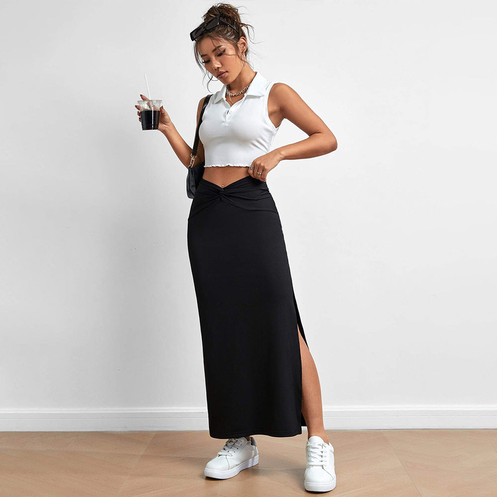 Women's maxi skirt with elegant wrap look and side slits, size