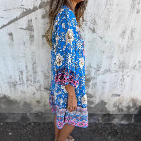 Women's Boho Chic Dress with Floral Patterns and Button Placket Drune