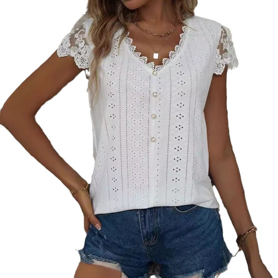 Women's blouse with romantic ruffles and unique eyelet embroidery, size