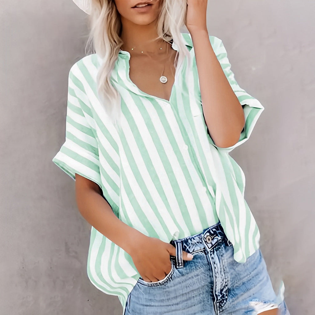 Damen Oversized Streifenhemd mit klassischem Kragen und kurzen Ärmeln, Größe