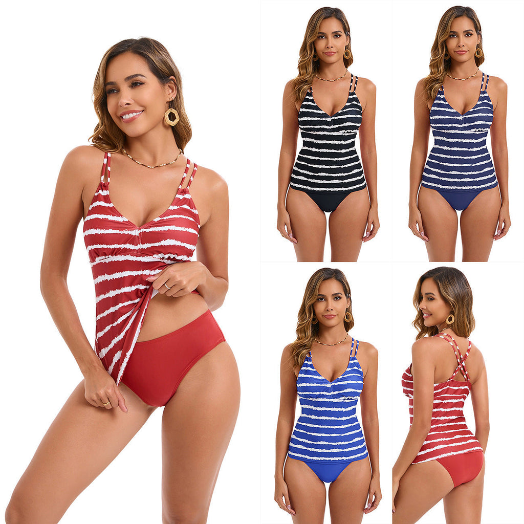 Women's tankini with adjustable straps and elegant striped pattern, size