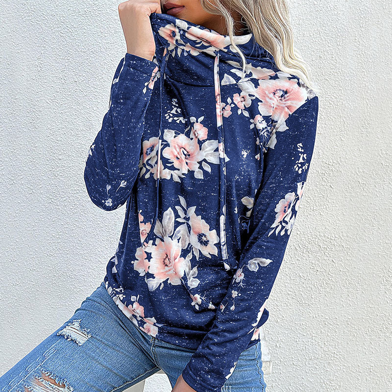 Women's blouse with floral design and modern hoodie neckline, size