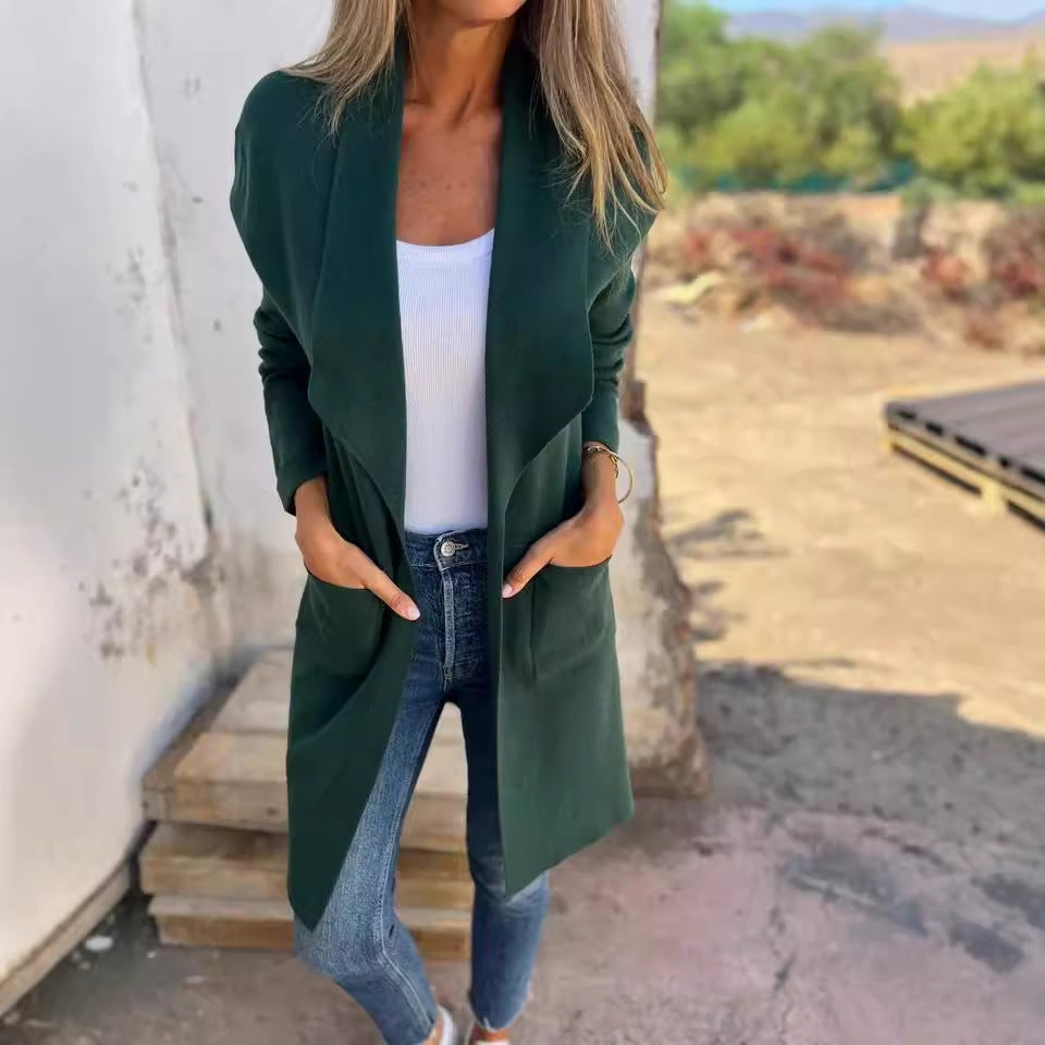 Women's casual long jacket with a modern cut and elegant details, size S