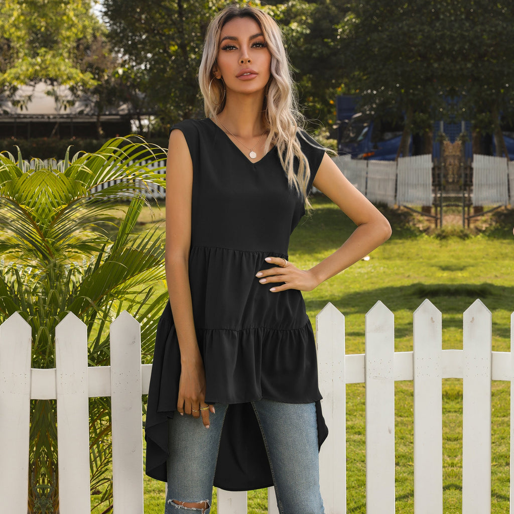 Women's Sleeveless Tunic Dress with Asymmetrical Hem and Chic Ruffle Drune