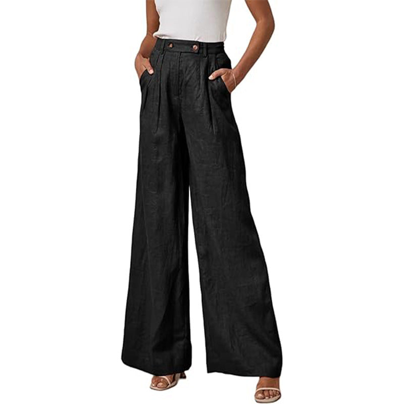 Elegante Damen-Leinenhose mit weitem Bein, hohem Bund und Bundfalten, Größe