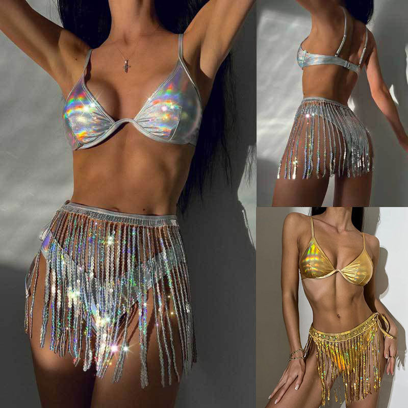 Glitzerndes bauchfreies Damen-Top mit Glitzerfransen Größe