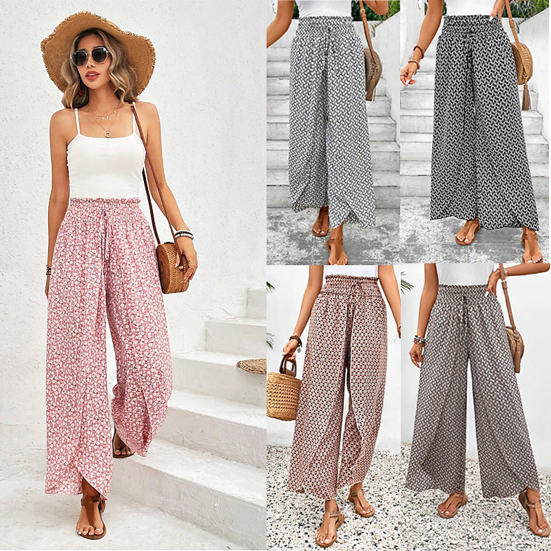 Women's wide-leg summer trousers with elasticated waistband and floral design, size S