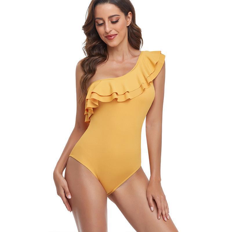 Women's one-piece swimsuit with asymmetrical cut and voluminous ruffle detail, size [size]