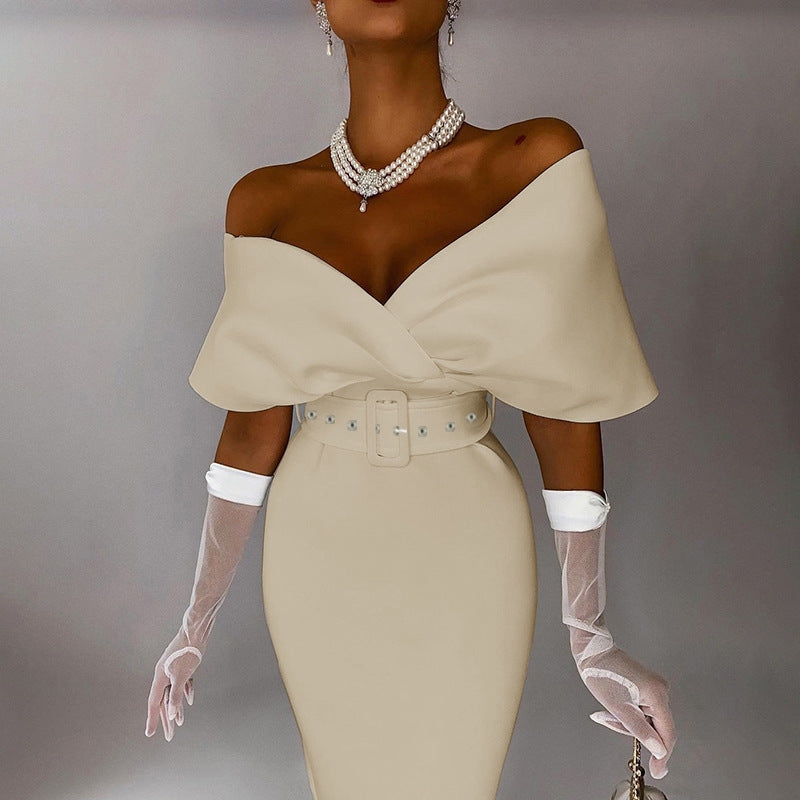 Valenzora | Off-Shoulder Fitted Dress with Belt