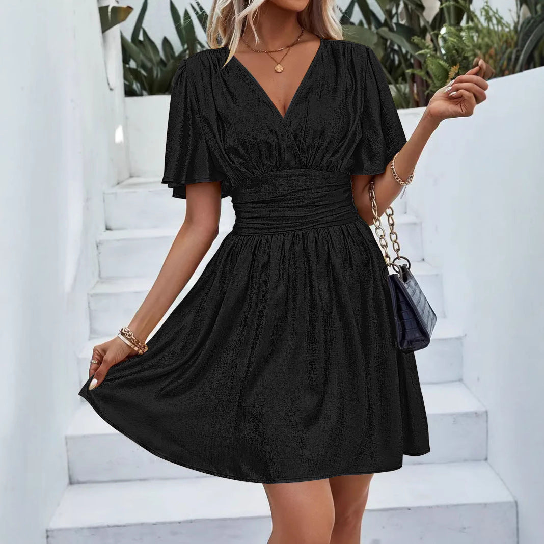 Women's evening dress with shimmering V-neck and voluminous sleeves, size S