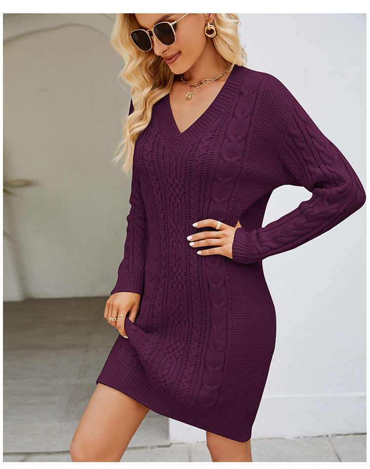 Valenzora | Solid color V-neck twirl knit dress