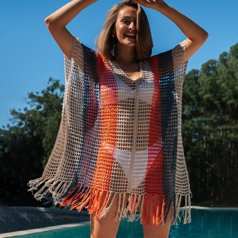 Women's beach tunic with fashionable mesh design and fringed hem, size Valenzora