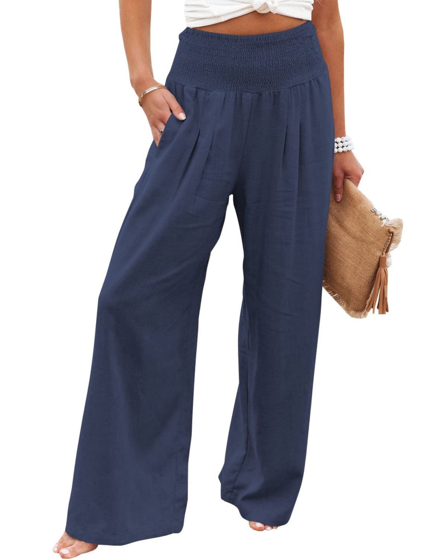 Women's wide-legged linen trousers with elasticated waistband and pleats, size