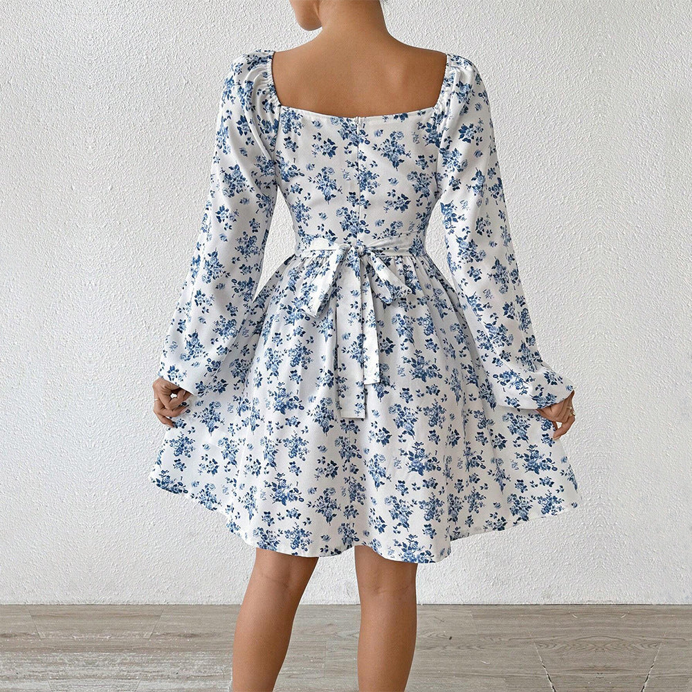 Women's airy floral dress with elegant ruching and long sleeves, size