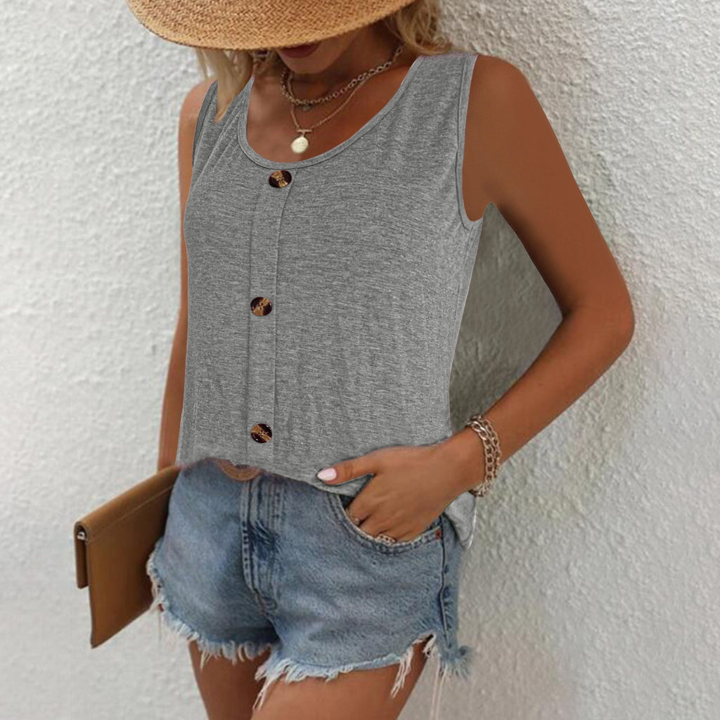 Women's sleeveless top with decorative button placket, size