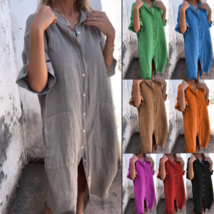 Valenzora | Loose, casual cotton-linen shirt dress with half sleeves