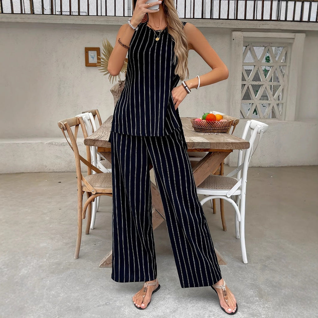 Women's striped two-piece set with a loose fit and high-quality fabric, size [size missing]