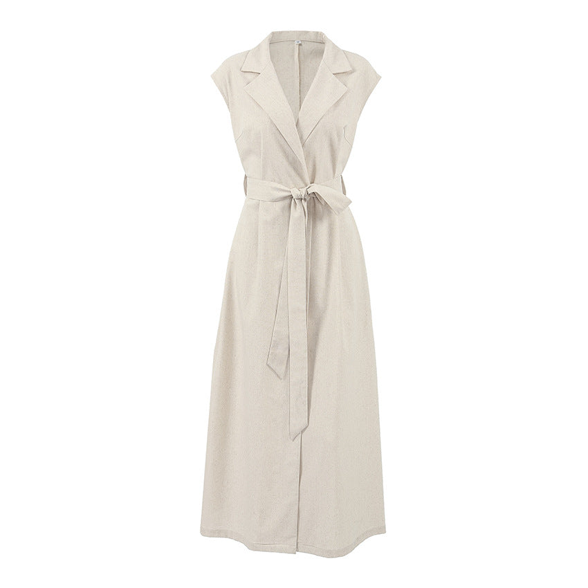 Valenzora | Langes Kleid Baumwoll-Leinen-Mix Hohe Taille Wickeldesign Ärmellos Kragen