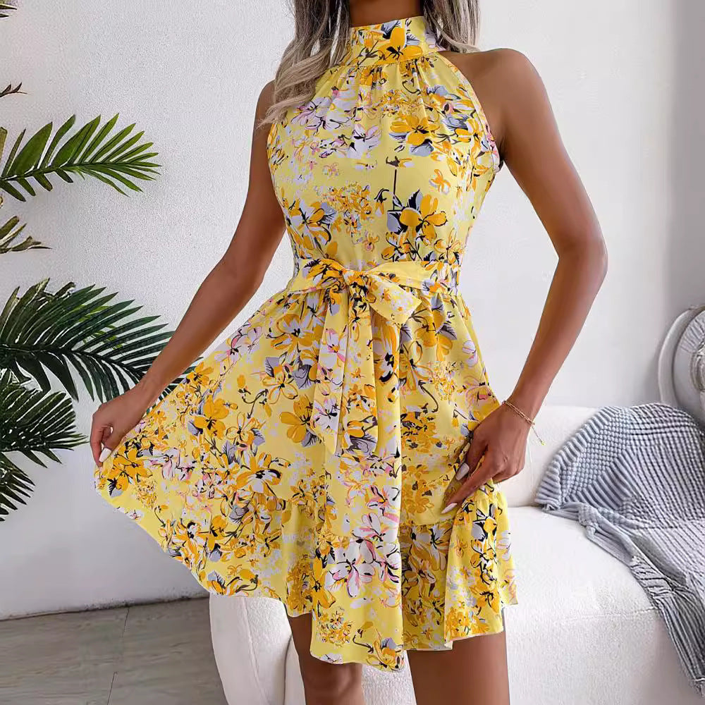 Women's summer mini dress with elegant neckline and floral details, size