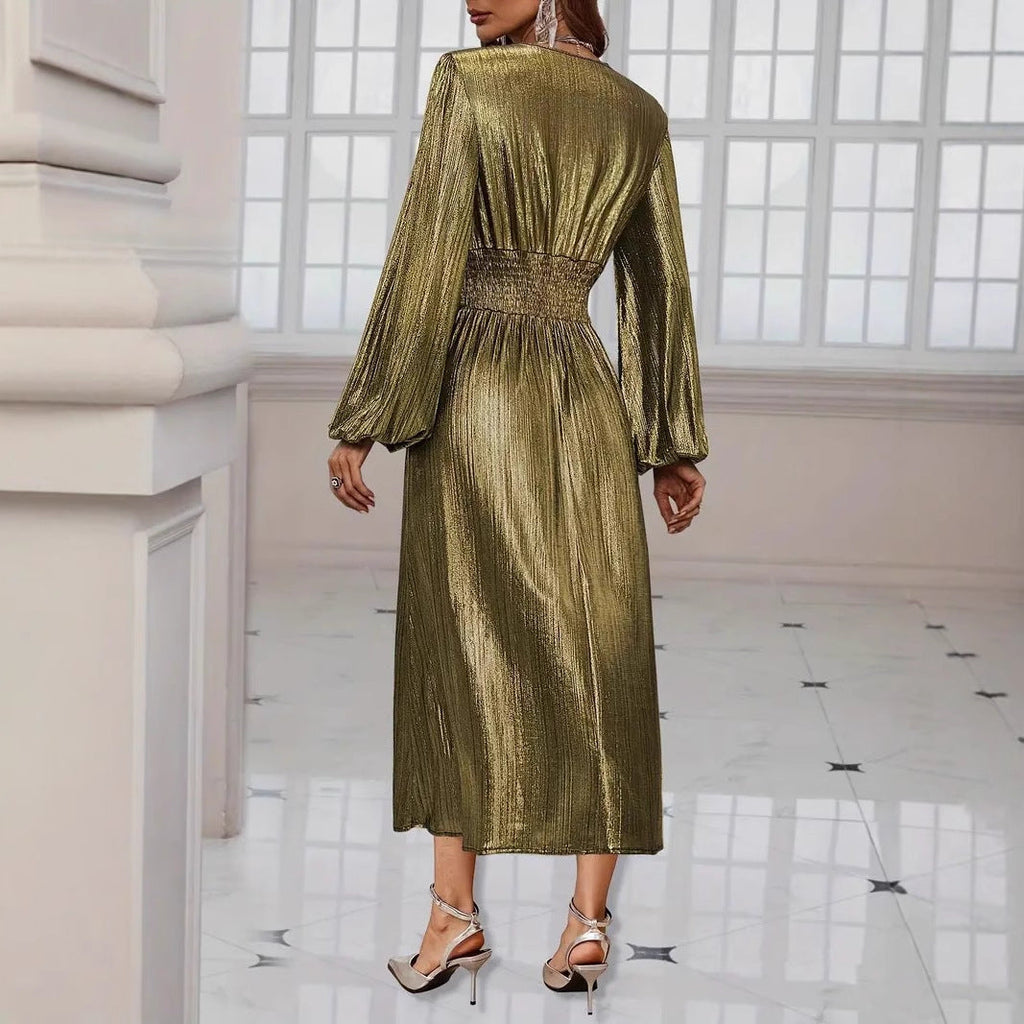 Elegantes Midikleid für Damen mit Metallic-Glanz und raffinierten Puffärmeln, Größe [size]