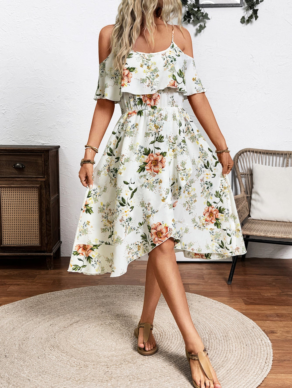 Damen Blume Dekolleté Kleid mit schwingendem Saum und lockerem Schnitt Drune