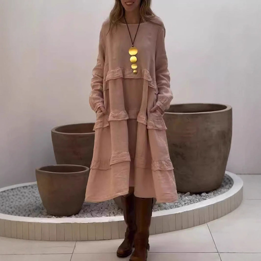 Valenzora | Ruffled round neck long-sleeved dress