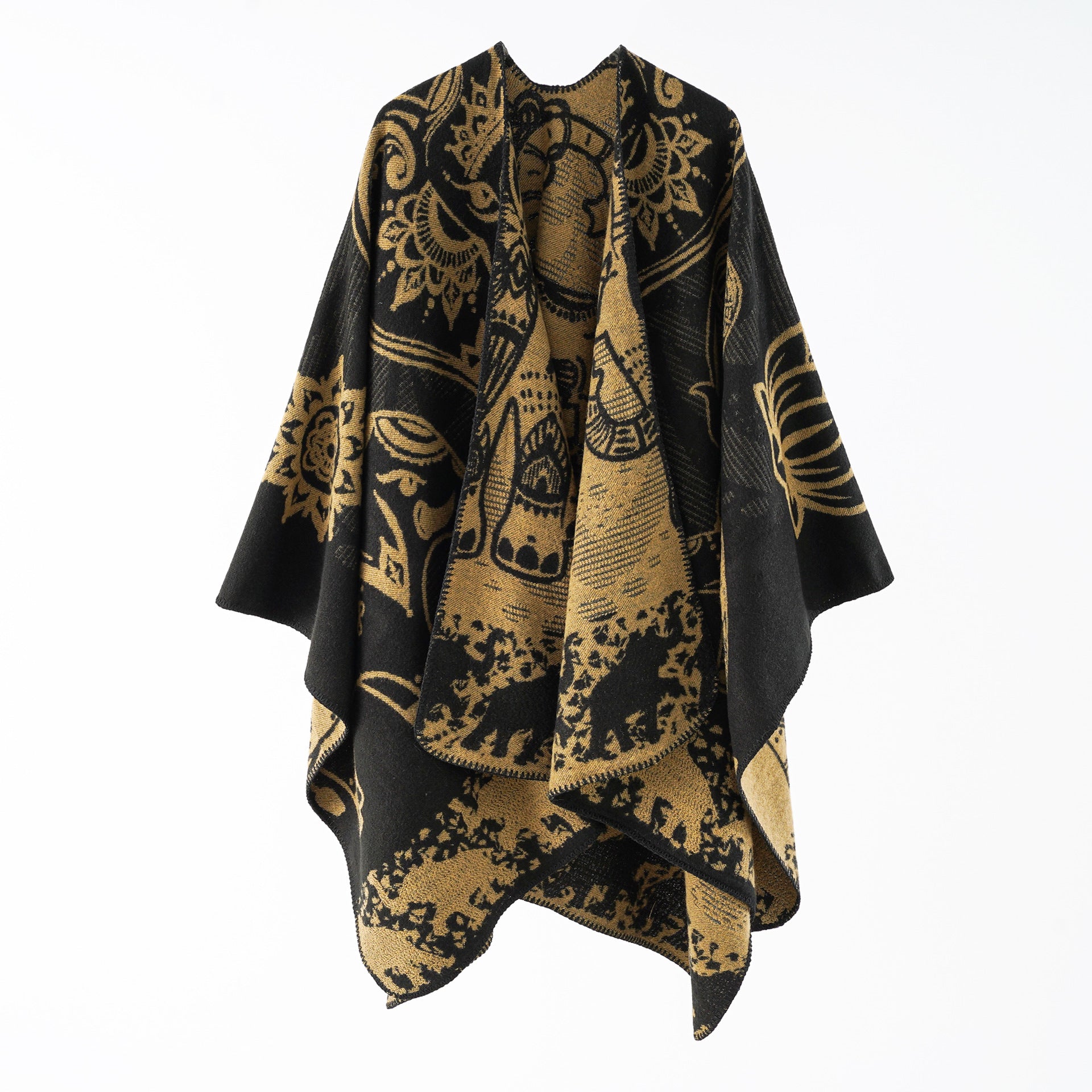 Women's elegant transitional poncho with an artistic floral pattern and fringed edges, size Valenzora