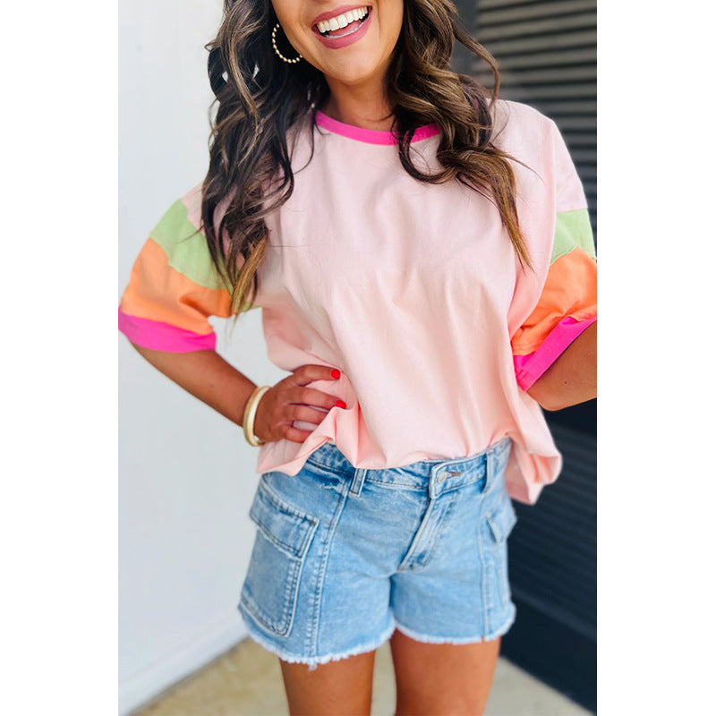 Damen-Freizeit-T-Shirt mit bunten Ärmeln, Größe