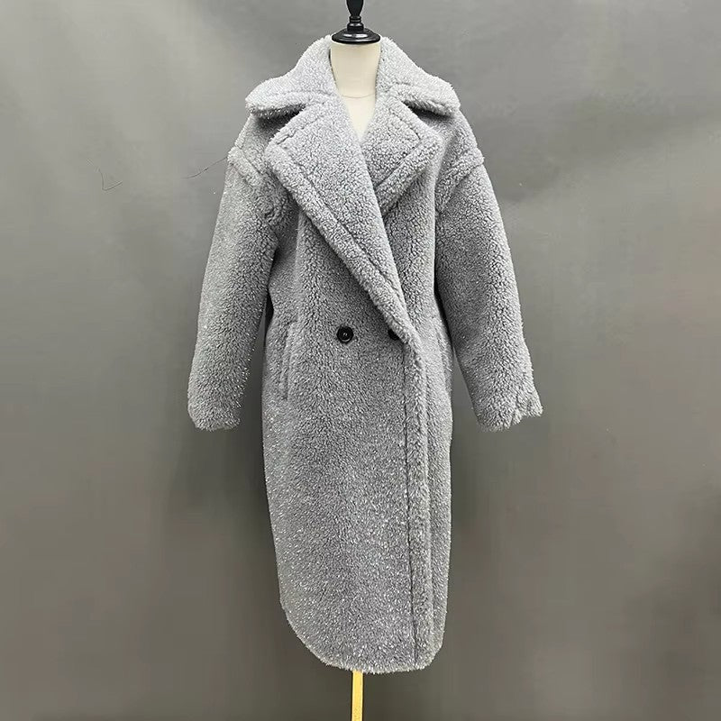 Women's fleece coat with double button placket and trendy cut, size S