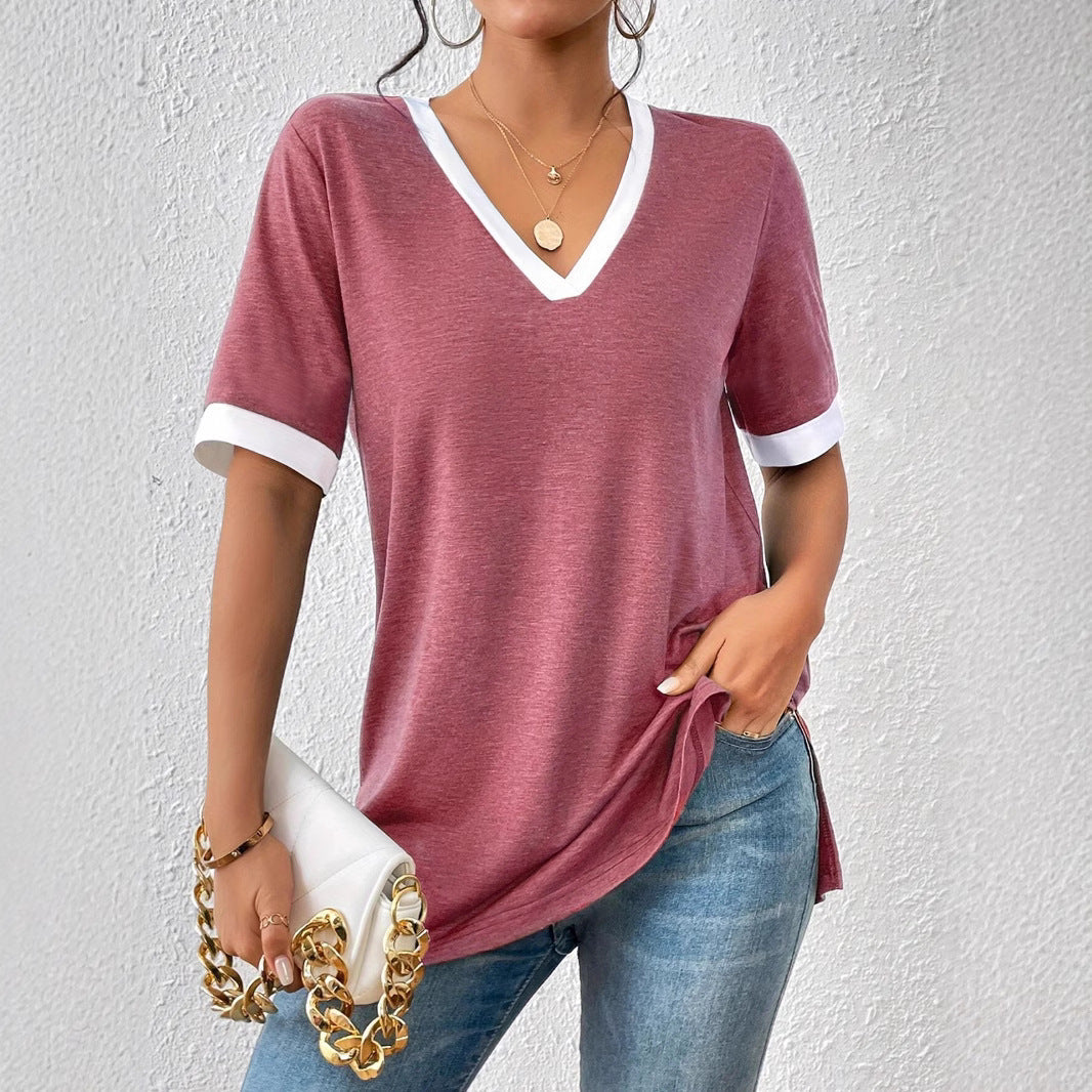 Women's V-neck shirt with contrast sleeves and comfortable fit, size