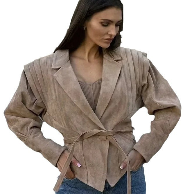 Women's transitional jacket in soft suede with adjustable belt and voluminous sleeves, size S