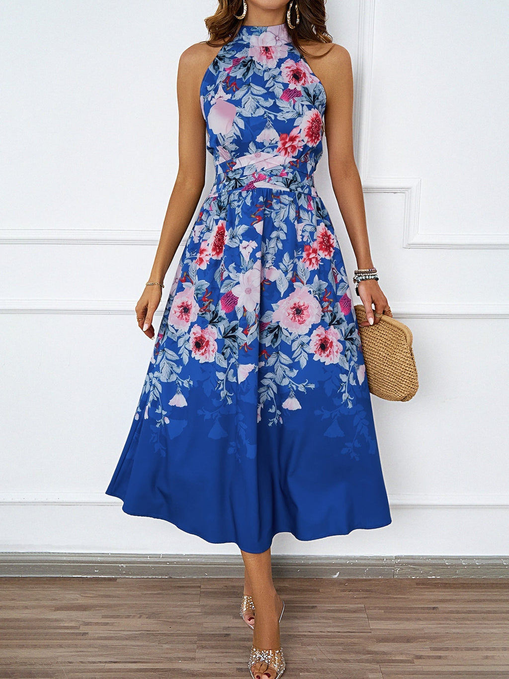 Women's midi dress with floral pattern and asymmetrical hem, size
