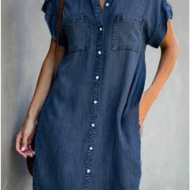 Damen Jeanshemdkleid mit zwei aufgesetzten Taschen und Knopfleiste Drune
