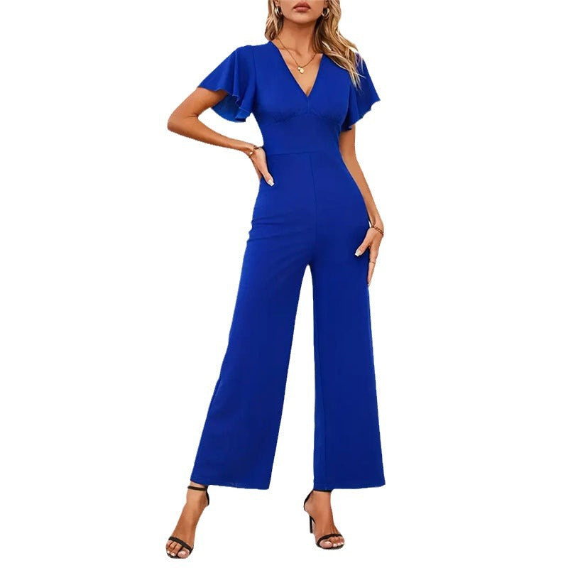 Women's elegant wide-leg jumpsuit with ruffle details, size