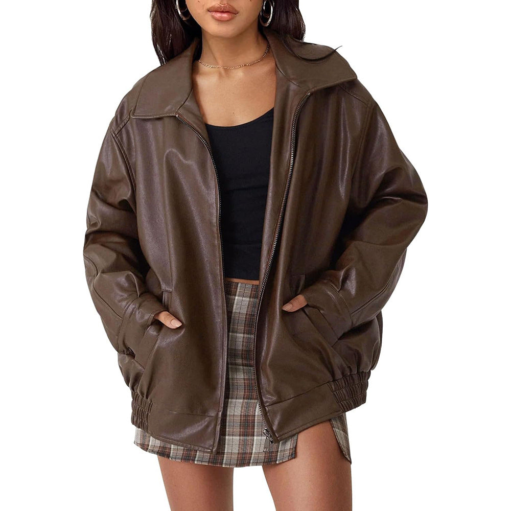 Women's casual faux leather jacket with a wide cut and practical pockets, size S