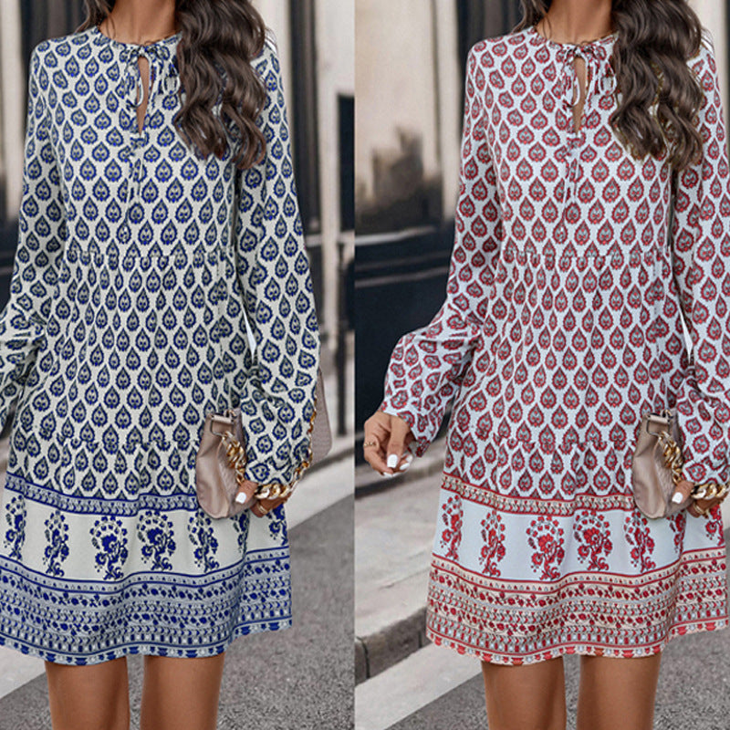 Women's boho-inspired mini dress with floral pattern and ruffle details, size S