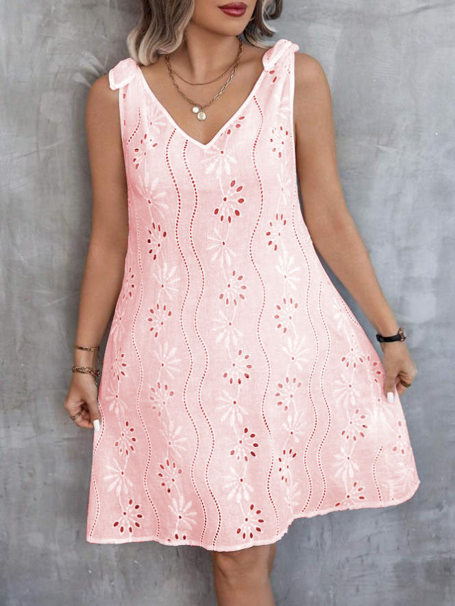 Valenzora | Embroidered Hollow Lace-Up Sleeveless V-Neck Dress